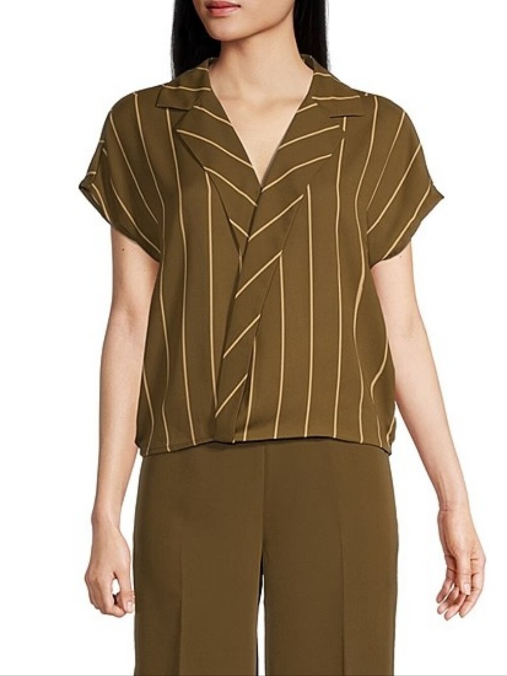 Worthington Olive Striped Surplice Notch Collar Top Size XL